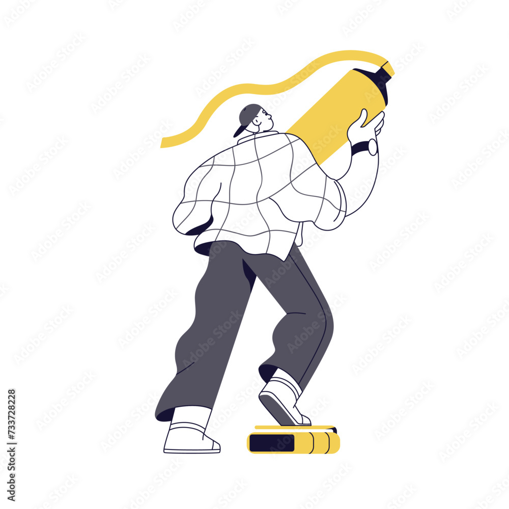 Aufkleber Student underlining important with text marker, highlighter in hand. Tiny man character highlighting and marking something, drawing line. Flat vector illustration isolated on white background