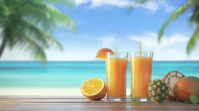 tropical fruit with glass of fruit juice on top of the wooden table with summer blue beach background animation