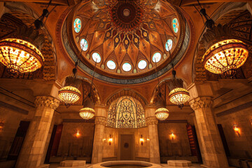 Obraz premium A traditional Turkish hammam, focusing on the central marble heated platform surrounded by intricate mosaics and ornate arches.