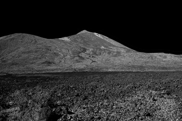 Black Cosmic Lunar Horizon Landscape with stone, sand, mountain