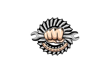 vector of hand holding a wrench for mechanic logo design, machine repair service
