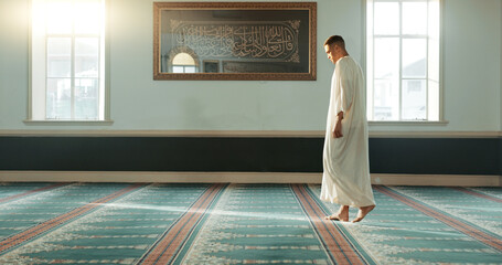 Gratitude, islamic and man with faith in a mosque for praying, peace and spiritual care in holy...