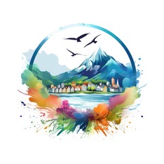Obraz na płótnie Canvas Colorful Watercolor Landscape with Mountain Town
