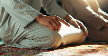 Islam, prayer and men in mosque on knees, mindfulness and gratitude in faith, love and commitment....
