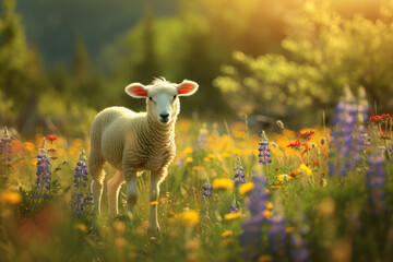 Naklejka premium A happy sheep standing in a vibrant green meadow, surrounded by colorful wildflowers and enjoying the warm sunlight.