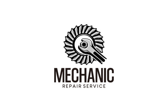 vector wrench and bolt with gear for mechanic logo design, machine repair service
