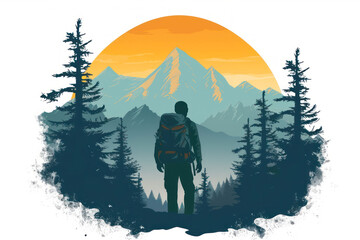 Silhouette of hiker with backpack in the mountains. illustration