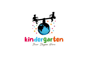Illustration of a kindergarten logo design with a seesaw swinging above the earth for education