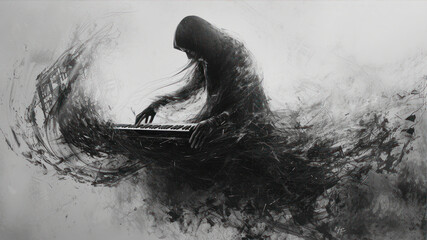 Digital Illustration of a Teenage Boy Playing the Keyboard in the Fog