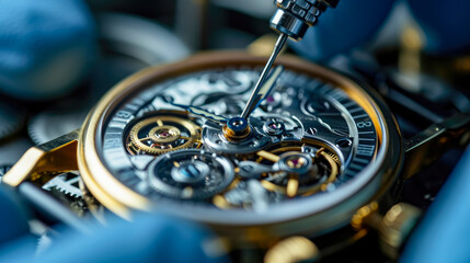 close-up shot of watch being repaired by gloved hands