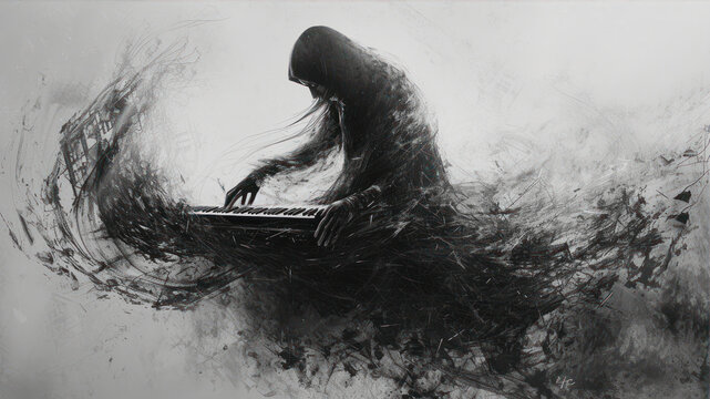 Digital Illustration of a Teenage Boy Playing the Keyboard in the Fog