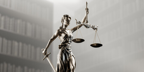 Legal Concept: Themis is the goddess of justice as a symbol of law and order on the background of books