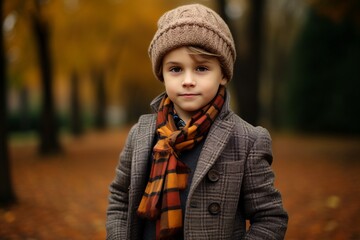 Portrait of a beautiful little girl in a coat and hat. Autumn.