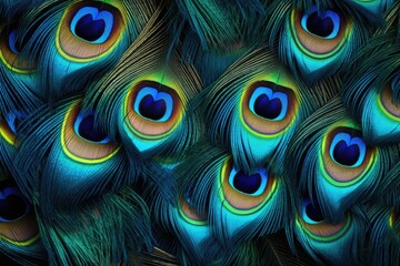 Obraz premium Beautiful closeup peacock green and blue luminous feathers pattern. Macro texture of colorful fluffy plumage from tropical bird. Minimal natural fashion concept
