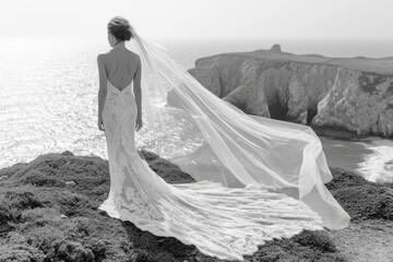 Fototapeta na wymiar Ethereal Grace: A Timeless Bridal Silhouette Against the Ocean's Expanse