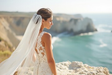 Fototapeta na wymiar Cliffside Elegance: A Bride's Moment Overlooking the Ocean's Majesty