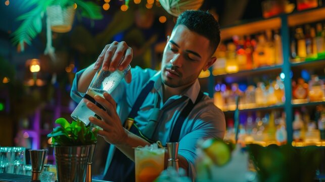 Bartender at nightclub preparing delicious fizzy cocktail, summertime and party