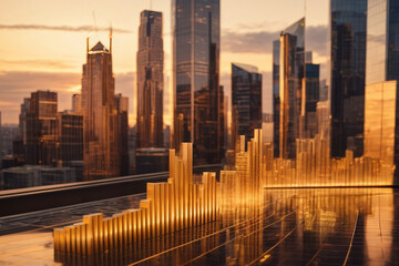 3D Golden neon data analytics charts on Vintage skyscrapers background in sunset, modern business...