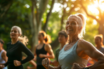 Fototapeta premium Diverse group of people exercising in a park with sunlight filtering through the trees. Soft focus.