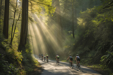 A group of cyclists weaving through a forest path as sunlight filters through the canopy, evoking a magical, ethereal setting with emphasis on light a
