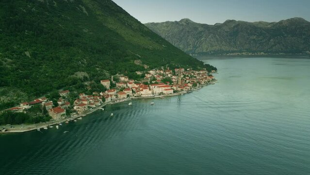 Aerial shot of Perast and the Bay of Kotor or Boka Kotorska, Montenegro