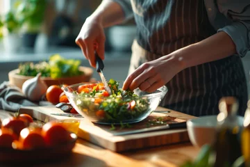 Poster Person preparing a nutritious salad with fresh ingredients in a modern, well-lit kitchen. Selective focus. © mihrzn