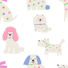 Multicolor cute dogs of different breeds, vector illustration in flat style. Spring pet on a walk with floral pattern. Seamless pattern with dog