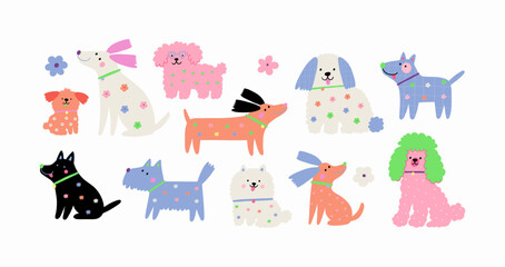 Multicolor cute dogs of different breeds, vector illustration in flat style. Spring pet on a walk with floral pattern