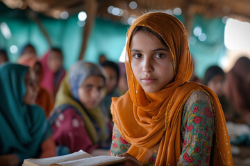 A young refugee woman attends a makeshift school, surrounded by other students, symbolizing resilience and determination for a better future. Soft foc