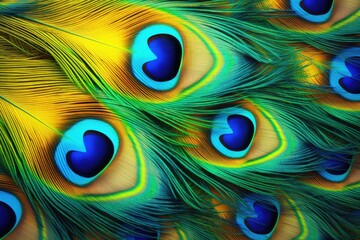 Beautiful closeup peacock green and blue luminous feathers pattern. Macro texture of colorful fluffy plumage from tropical bird. Minimal natural fashion concept