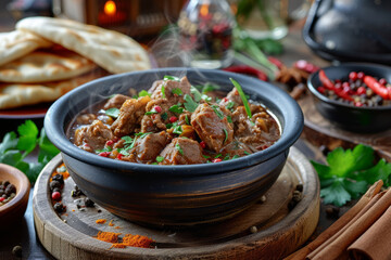 An atmospheric composition featuring a steaming bowl of halal lamb stew, with pita and Middle Eastern spices, conveying comfort and culinary adventure