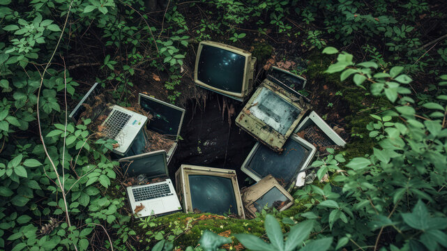 Abandoned old computer in the forest, vintage style photo.