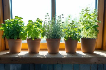 Various herbs growing in potted plants arranged side by side on window sill at home, copy space