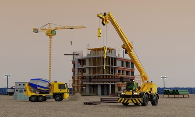 Construction of building  with crane and grader.3D rendering