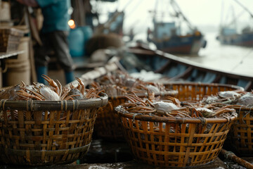 A fishermen unloading baskets of crabs onto the dock, emphasizing the rugged appearance of the workers and the arduous nature of their work, in a docu - obrazy, fototapety, plakaty