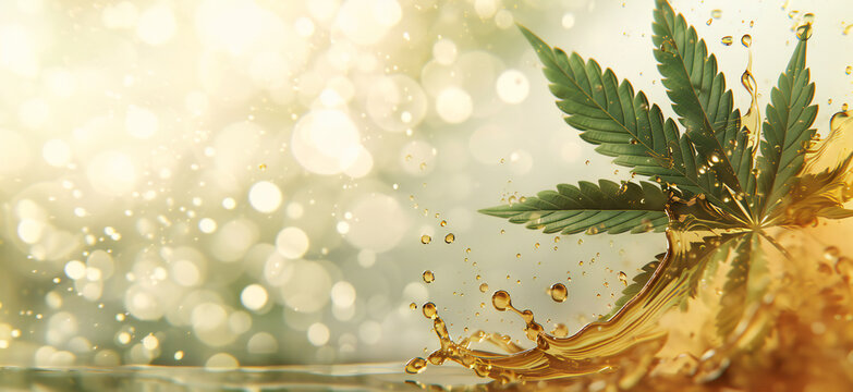 Medical hemp with oil extract splash background with copy space on beige background. CBD cannabis commercial banner.