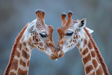 Fototapeta premium Two giraffes gently touching each other's faces on a gray background. Concepts: love, Valentine's Day, care, warmth