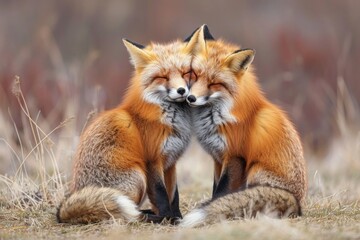 Two red foxes sitting and affectionately cuddling each other