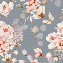 Seamless pattern with bouquets of flowers and butterflies. Spring roses in watercolor style - 733733087