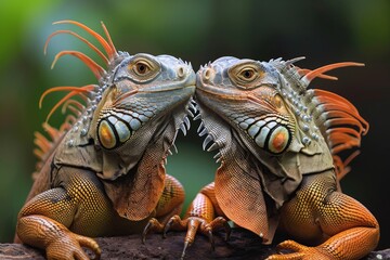 Fototapeta premium Two orange iguanas kissing on a branch. Concepts: love, Valentine's Day