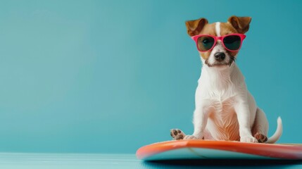 Cute dog with sunglasses on the surf board surfing