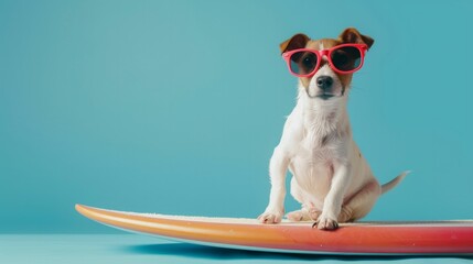Cute dog with sunglasses on the surf board surfing