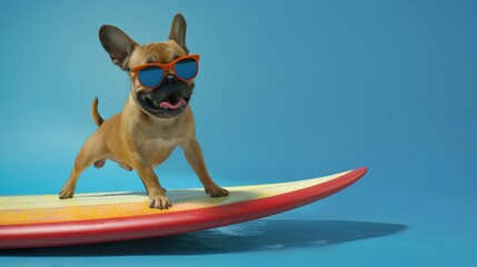 Cute dog with sunglasses on the surf board surfing
