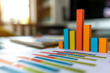 Neatly arranged bar charts and graphs symbolize diverse business metrics on a desk in a serene office environment. Ordered composition with a focus on