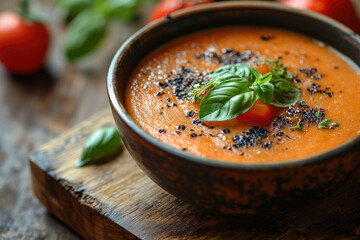 Cold tomato soup (gazpacho or salmorejo) in a black bowl over dark grey slate or stone background
