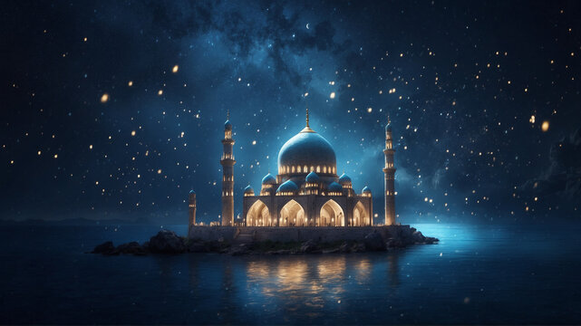 A mosque in the middle of the sea at night. The night of power wallpaper. Beautiful islamic celebration background. AI Generated