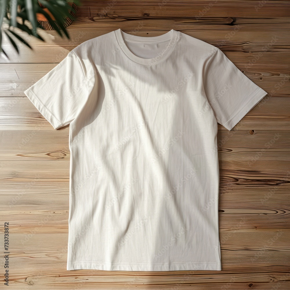 Poster Blank beige T-shirt mockup template on the floor.