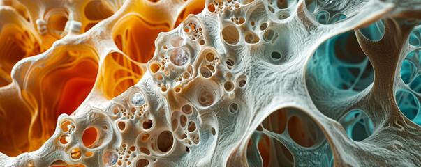 The formation process of bone mass within the human body, highlighting molecular interactions and cellular activity in a modern, informative style tha