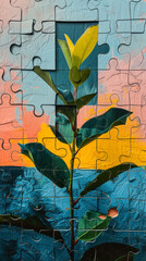 Jigsaw puzzle with green plant on colorful background, creative concept.