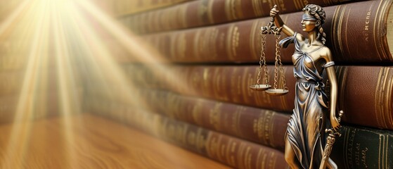 Symbol of fair treatment under law. Figure of Lady Justice and books on wooden table. Banner design with space for text
